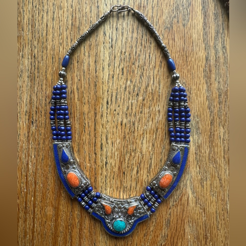 Lapis and coral silver Tibetan necklace